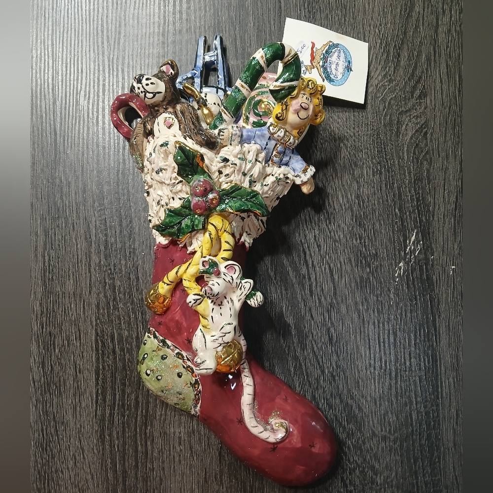 Vtg Blue Sky Clayworks by Heather Goldminc Stocking Wall Plaque Christmas 2000